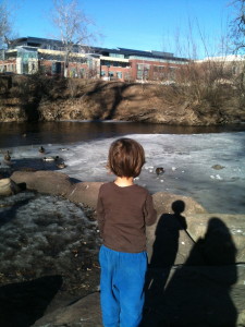 Young boy looking at a semi frozen pond from its banks, there is an apartment building in the background. 